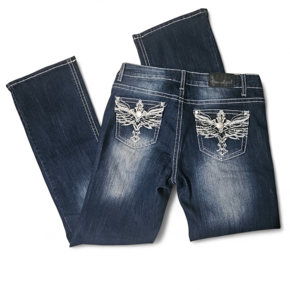 Soundgirl Distressed Bootcut Strecth Jeans Sz 13 Flap Pockets Angel Wings